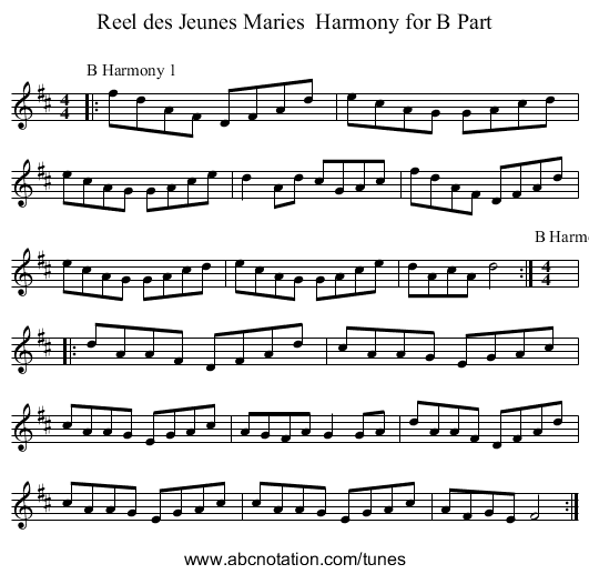 Reel des Jeunes Maries  Harmony for B Part - staff notation