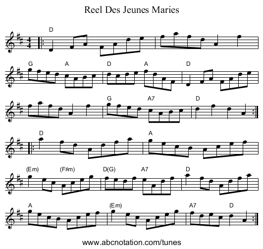 Reel Des Jeunes Maries - staff notation