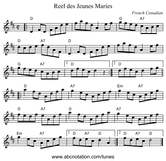 Reel des Jeunes Maries - staff notation