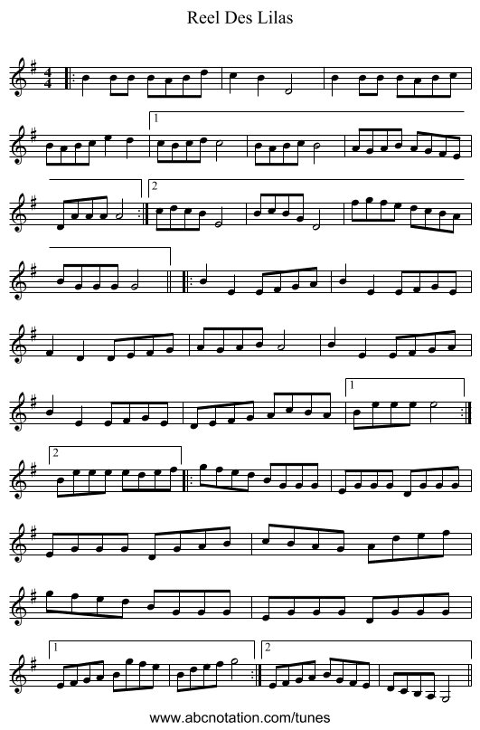 Reel Des Lilas - staff notation