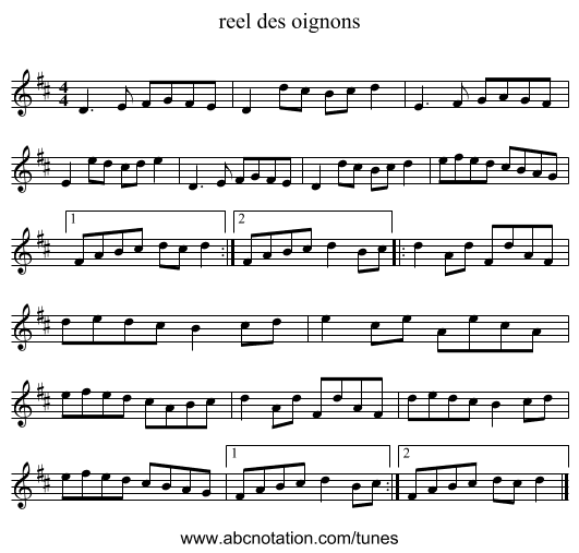 reel des oignons - staff notation