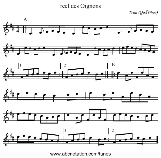reel des Oignons - staff notation