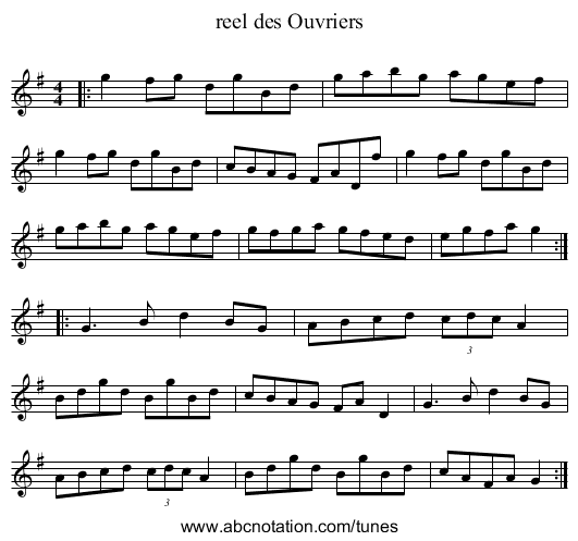 reel des Ouvriers - staff notation