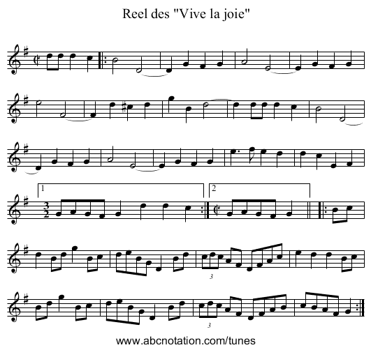 Reel des Vive la joie - staff notation
