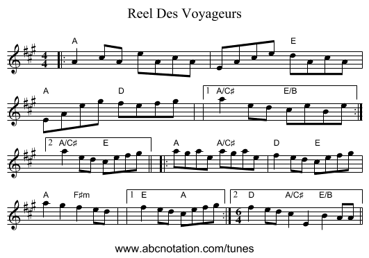 Reel Des Voyageurs - staff notation