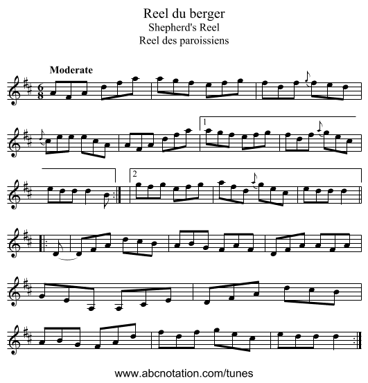 Reel du berger - staff notation