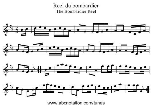 Reel du bombardier - staff notation