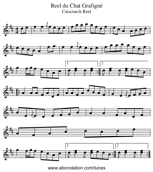 Reel du Chat Grafigné - staff notation