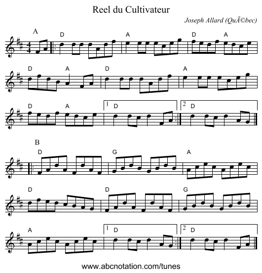 Reel du Cultivateur - staff notation