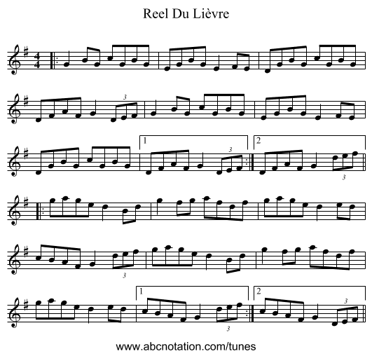 Reel Du Lièvre - staff notation
