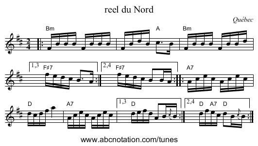 reel du Nord - staff notation