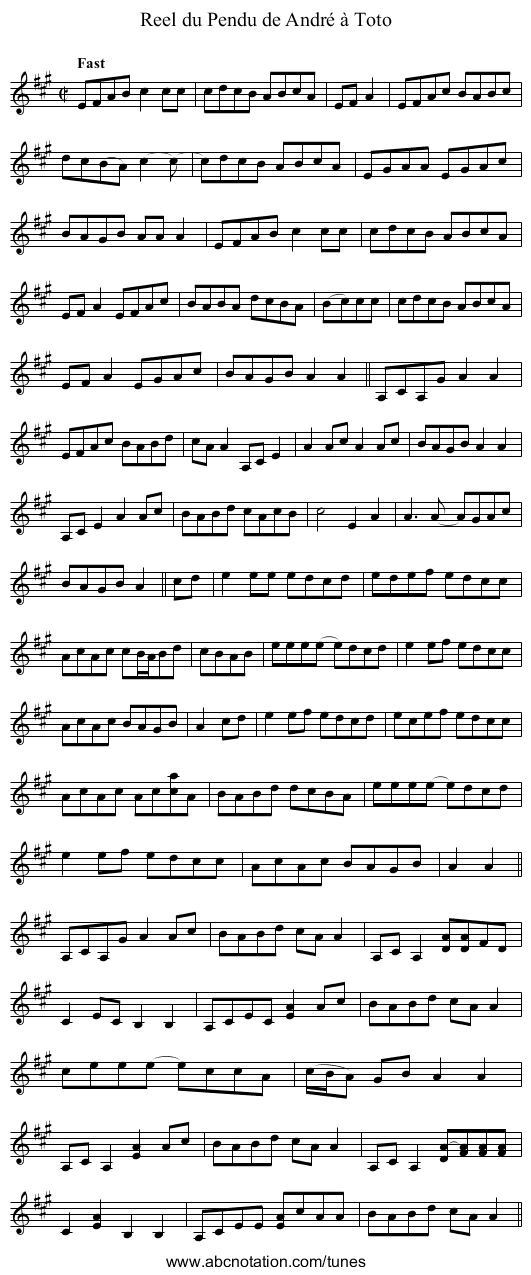 Reel du Pendu de André à Toto - staff notation