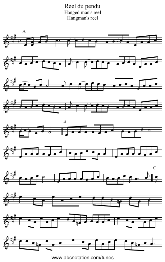 Reel du pendu - staff notation