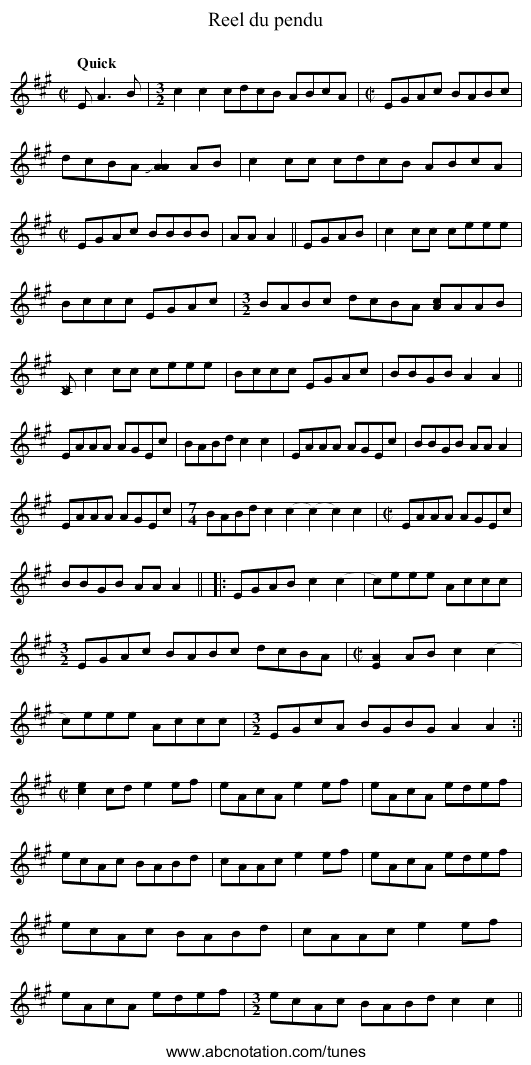 Reel du pendu - staff notation