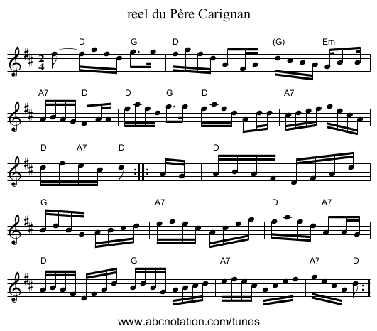 reel du P&egrave;re Carignan - staff notation