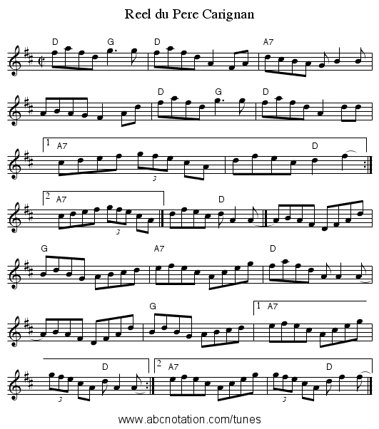 Reel du Pere Carignan - staff notation