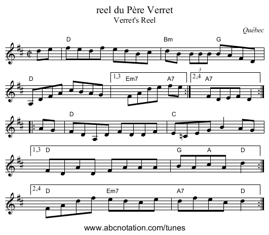 reel du P&egrave;re Verret - staff notation