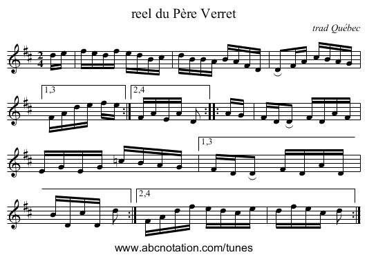reel du P&egrave;re Verret - staff notation