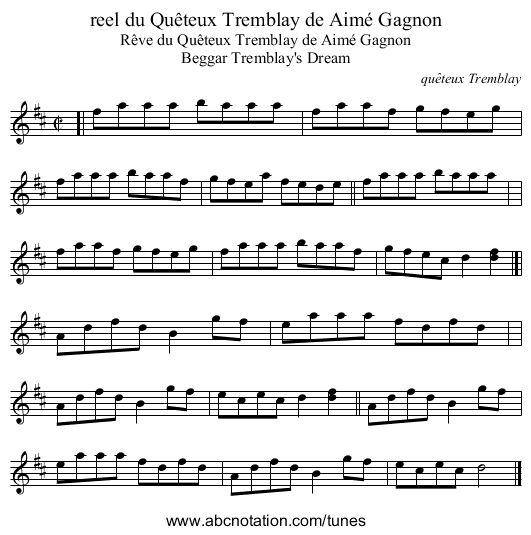 reel du Qu&ecirc;teux Tremblay de Aim&eacute; Gagnon - staff notation