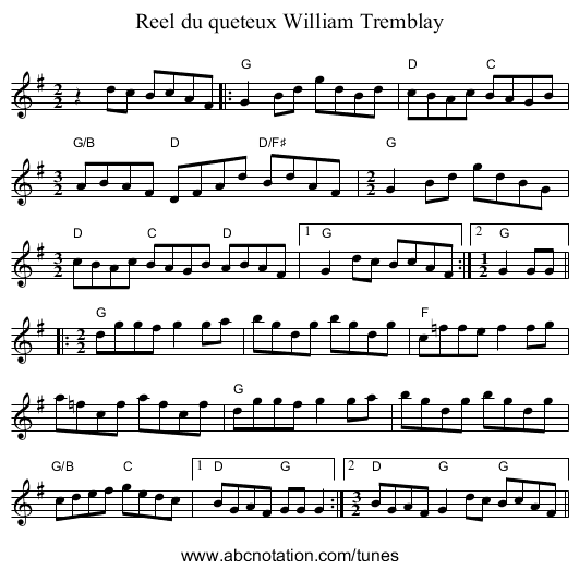 Reel du queteux William Tremblay - staff notation