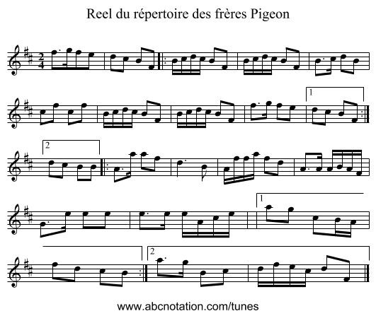 Reel du répertoire des frères Pigeon - staff notation