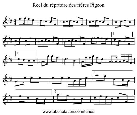 Reel du réprtoire des frères Pigeon - staff notation