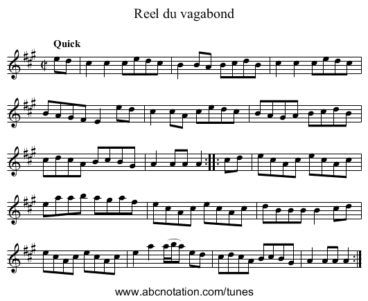Reel du vagabond - staff notation
