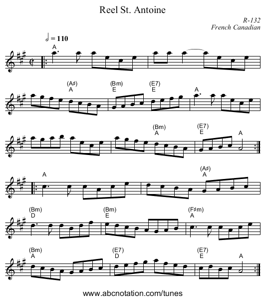 Reel St. Antoine - staff notation