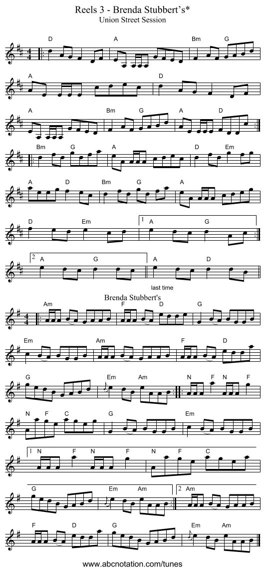 Reels 3 - Brenda Stubbert’s* - staff notation