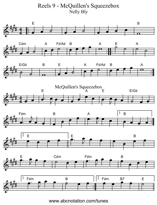 Reels 9 - McQuillen's Squeezebox - staff notation