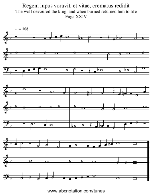 Regem lupus voravit, et vitae, crematus redidit - staff notation