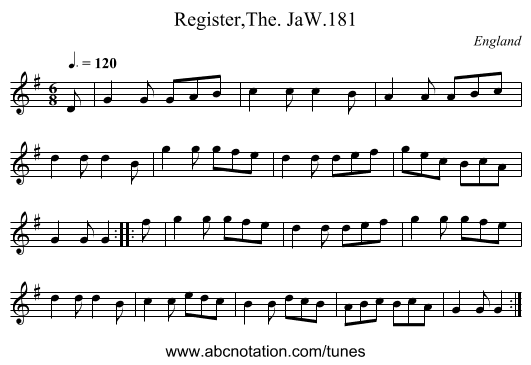 Register,The. JaW.181 - staff notation