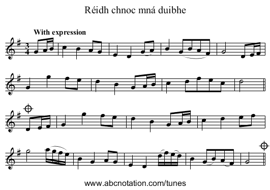 Réidh chnoc mná duibhe - staff notation