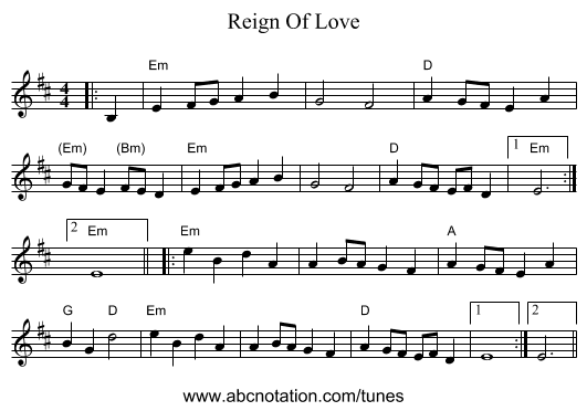 Reign Of Love - staff notation