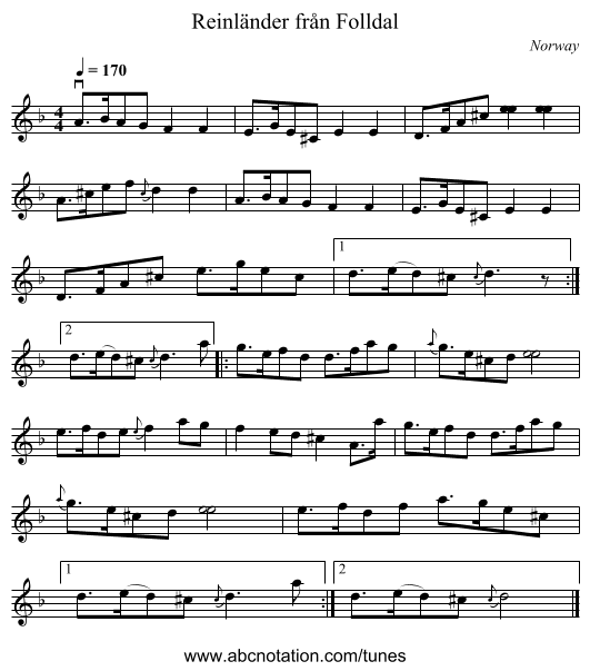 Reinländer från Folldal - staff notation