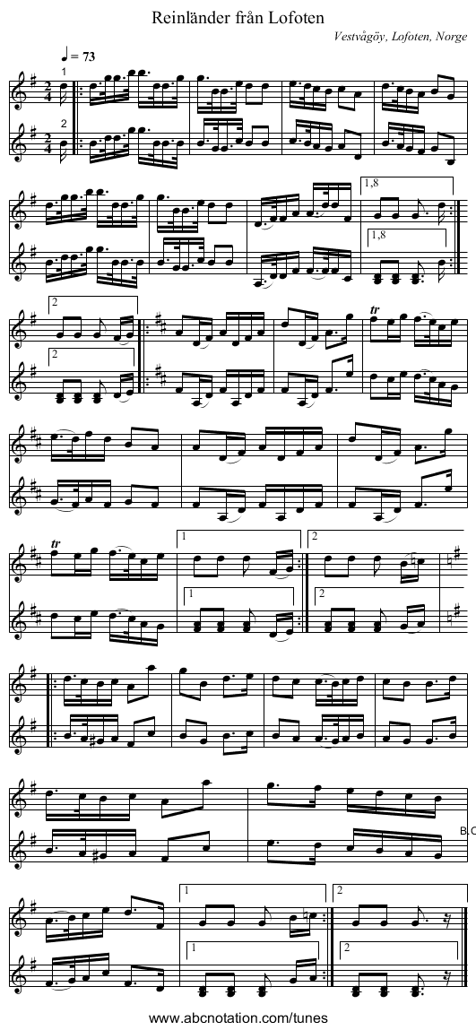 Reinländer från Lofoten - staff notation