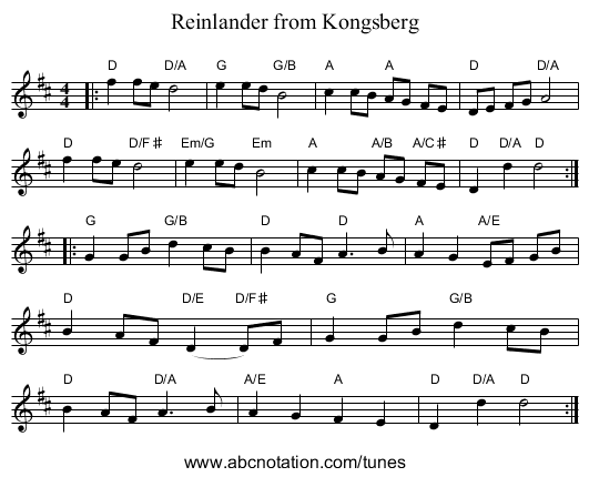 Reinlander from Kongsberg - staff notation