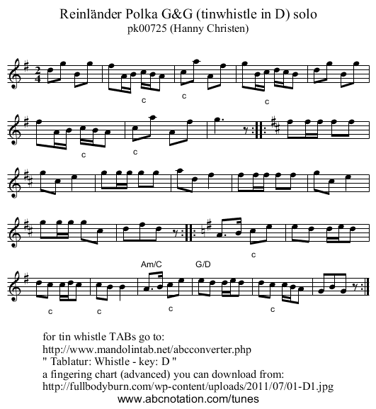Reinl&auml;nder Polka G&G (tinwhistle in D) solo - staff notation