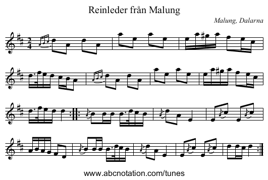 Reinleder från Malung - staff notation