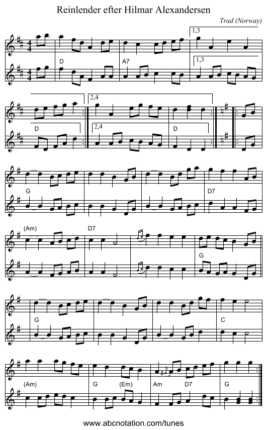 Reinlender efter Hilmar Alexandersen - staff notation