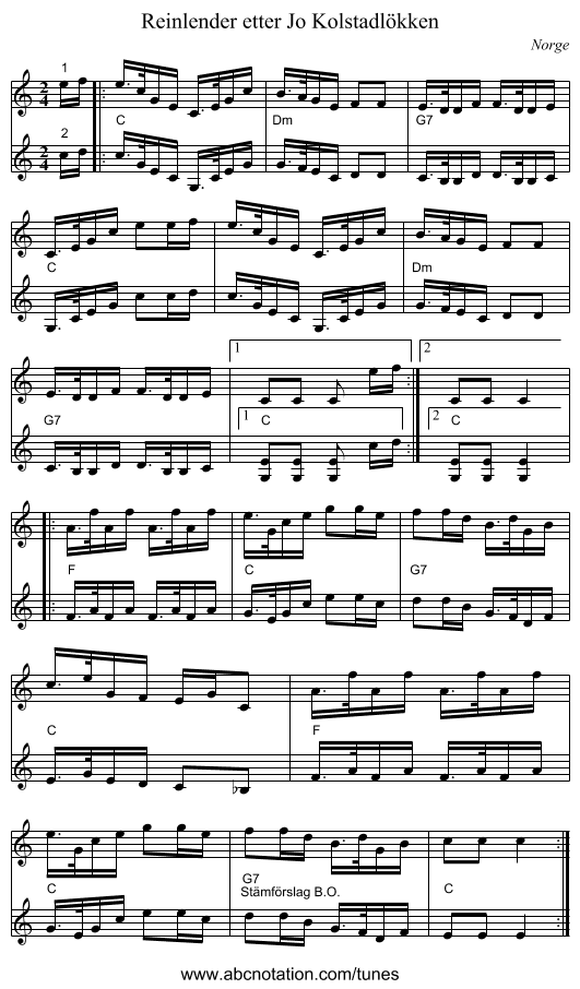 Reinlender etter Jo Kolstadlökken - staff notation