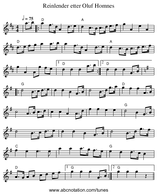 Reinlender etter Oluf Homnes - staff notation