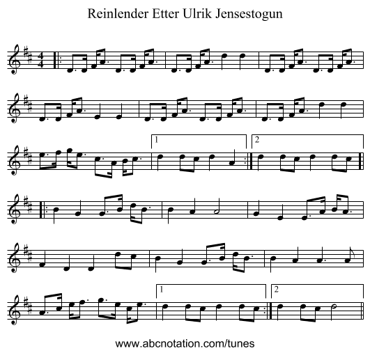 Reinlender Etter Ulrik Jensestogun - staff notation