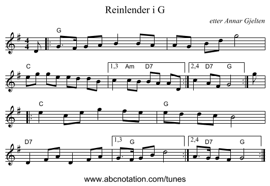 Reinlender i G - staff notation