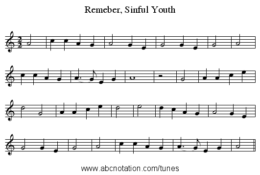 Remeber, Sinful Youth - staff notation
