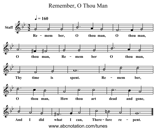 Remember, O Thou Man - staff notation