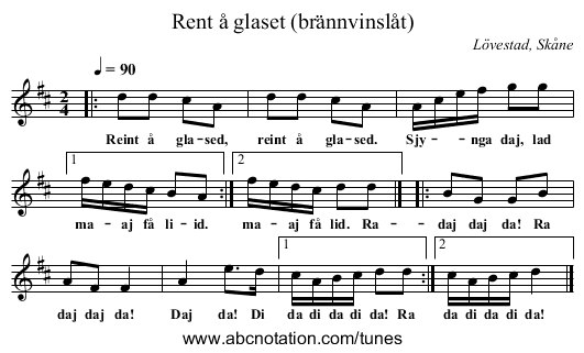 Rent å glaset (brännvinslåt) - staff notation