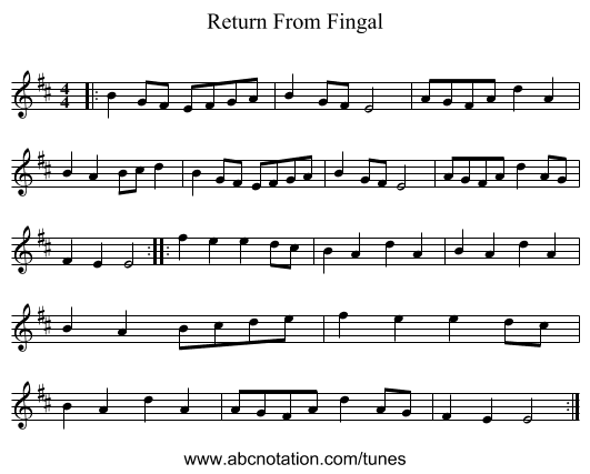 Return From Fingal - staff notation