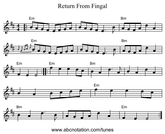 Return From Fingal - staff notation