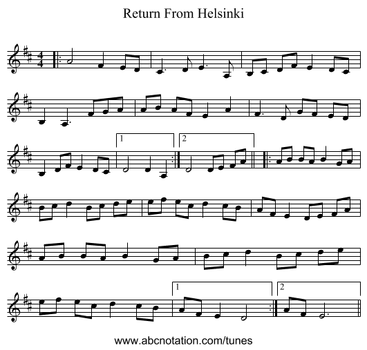Return From Helsinki - staff notation